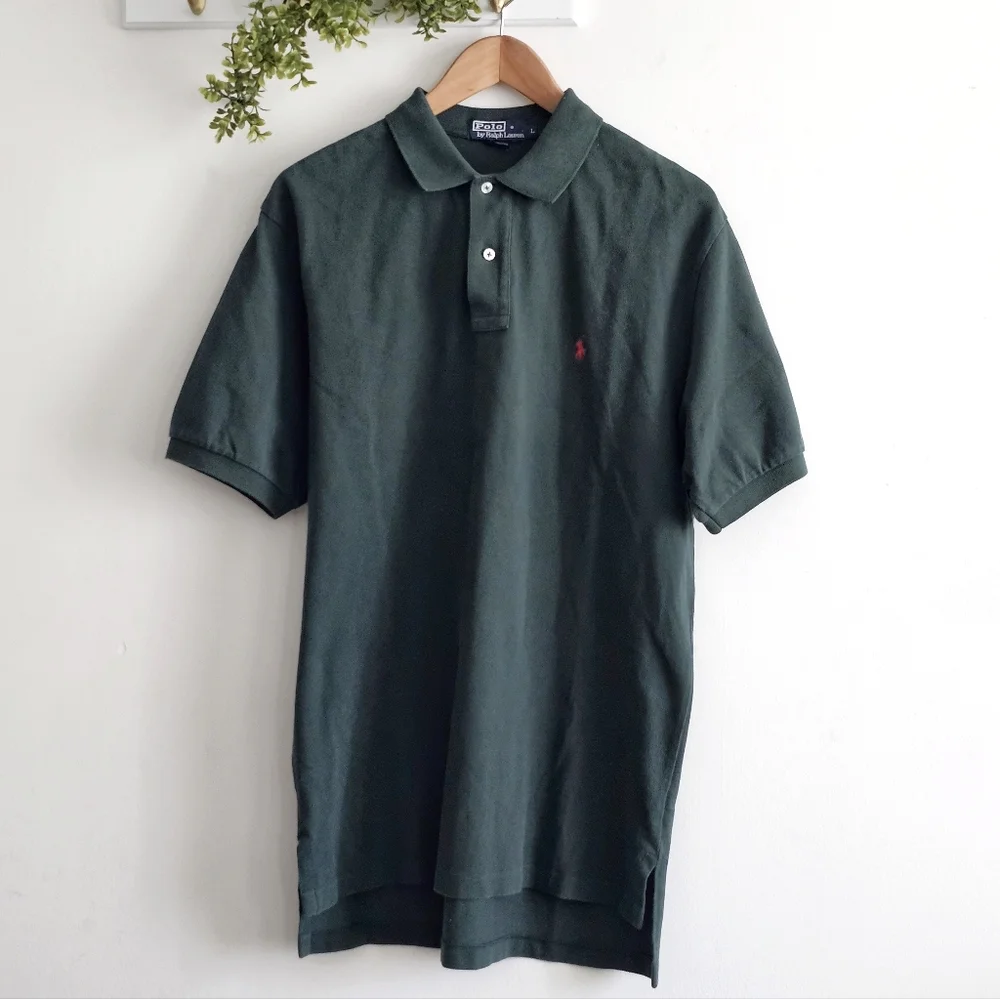 Vintage 90s Polo Ralph Lauren Forest Green Polo Shirt Red Pony Size L Cotton